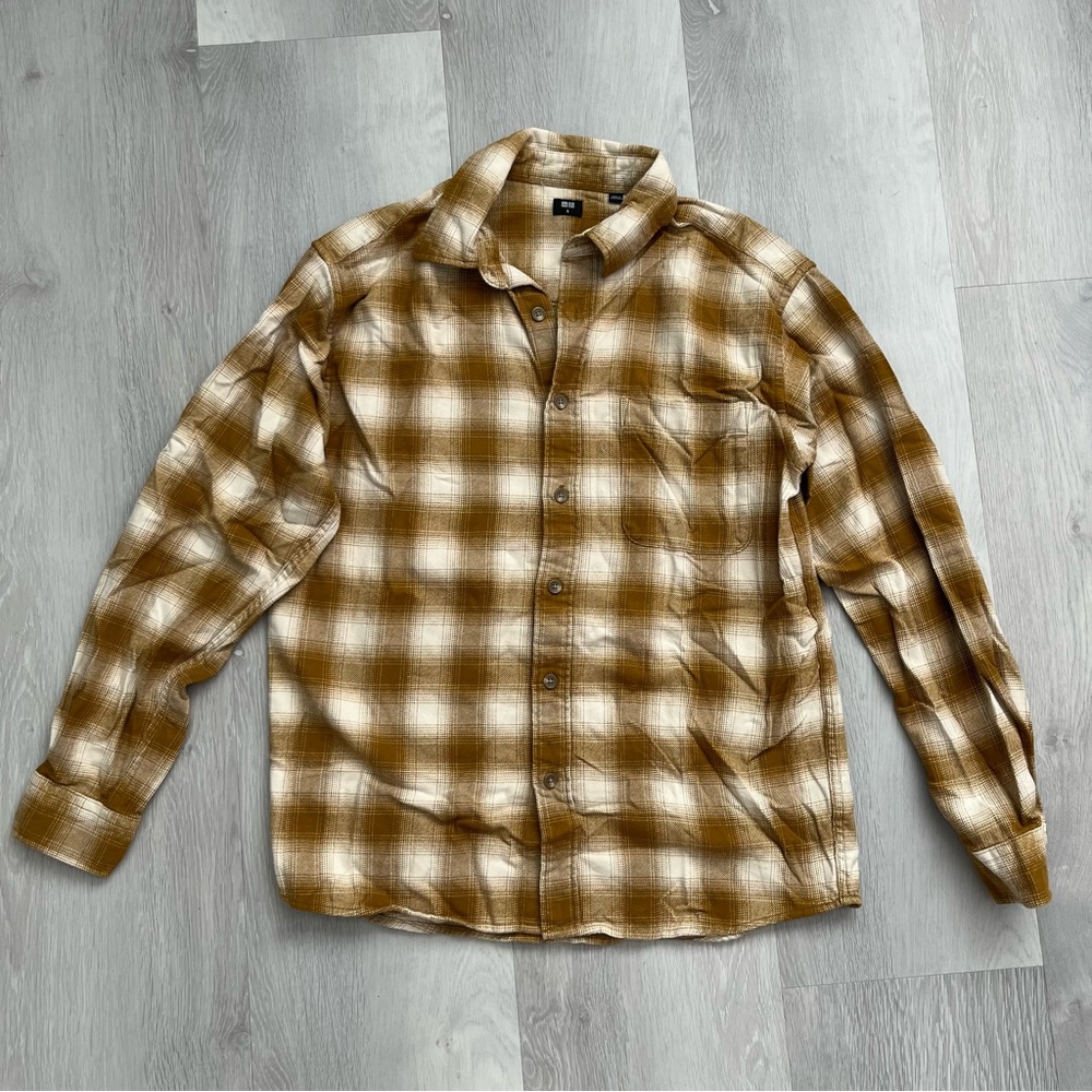 UNIQLO MENS FLANNEL SHIRT MARIGOLD PLAID LUMBERJACK LONG SLEEVE SMALL